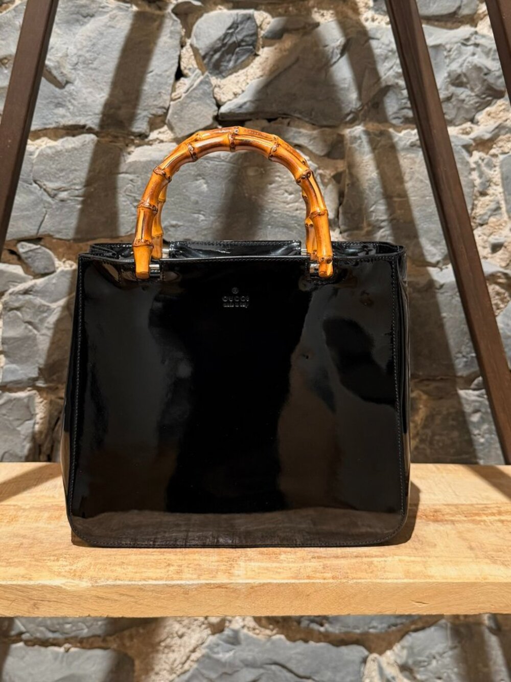 Gucci Vintage Black Patent Bamboo Bag